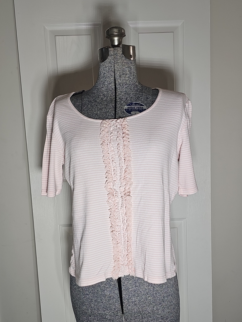 Vintage 90s Chico's Pink and White Striped Ruffle Front Tee Size 8 Chicos Size 2